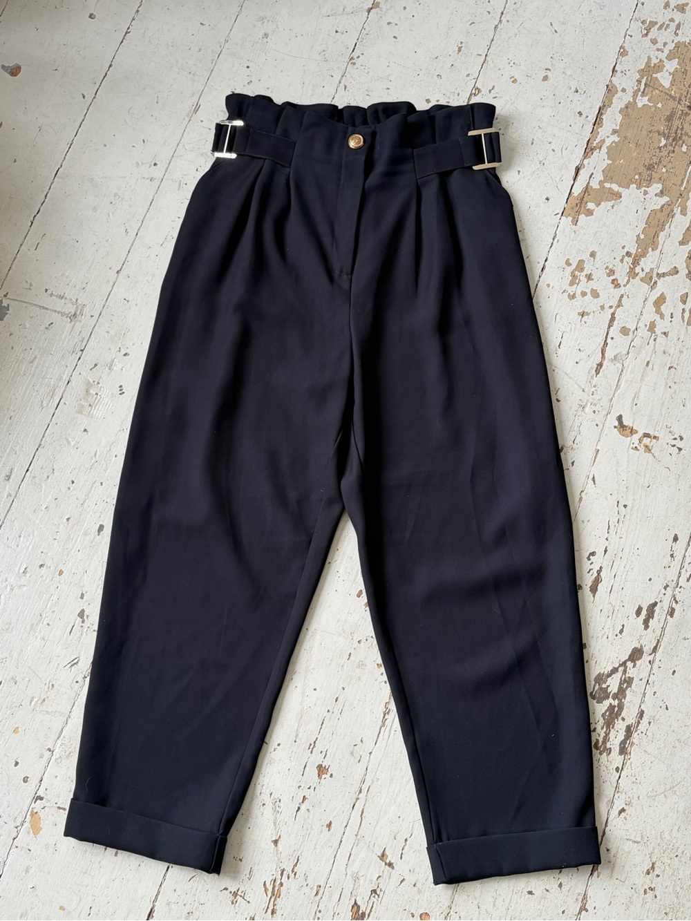 River Island Black Paperbag Waist with Gold Buckles Cuffed Trousers Pants